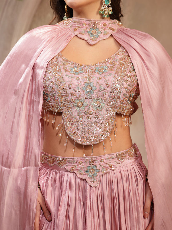 Stylum Women's Pink Solid & Embroidered Silk Lehenga Choli With Cape Dupatta (LEHPINKRAVI)