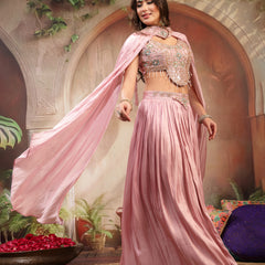 Stylum Women's Pink Solid & Embroidered Silk Lehenga Choli With Cape Dupatta (LEHPINKRAVI)