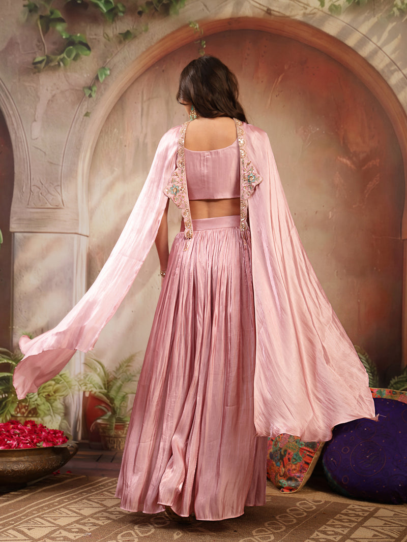 Stylum Women's Pink Solid & Embroidered Silk Lehenga Choli With Cape Dupatta (LEHPINKRAVI)