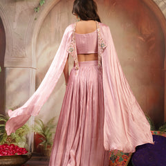 Stylum Women's Pink Solid & Embroidered Silk Lehenga Choli With Cape Dupatta (LEHPINKRAVI)