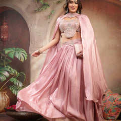 Stylum Women's Pink Solid & Embroidered Silk Lehenga Choli With Cape Dupatta (LEHPINKRAVI)