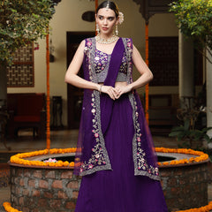 Stylum Women's Purple Printed & Embroidered Georgette Draped Lehenga Saree & Blouse with Shrug (LEHPURPLECOCO)