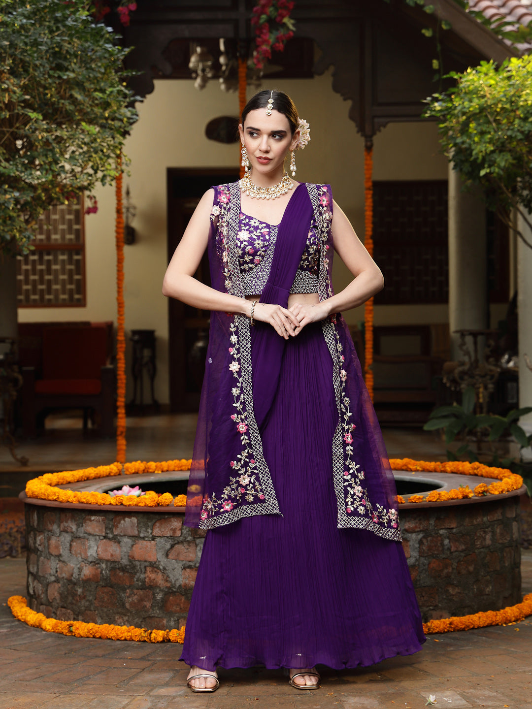 Stylum Women's Purple Printed & Embroidered Georgette Draped Lehenga Saree & Blouse with Shrug (LEHPURPLECOCO)