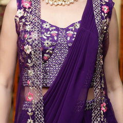 Stylum Women's Purple Printed & Embroidered Georgette Draped Lehenga Saree & Blouse with Shrug (LEHPURPLECOCO)