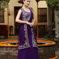Stylum Women's Purple Printed & Embroidered Georgette Draped Lehenga Saree & Blouse with Shrug (LEHPURPLECOCO)