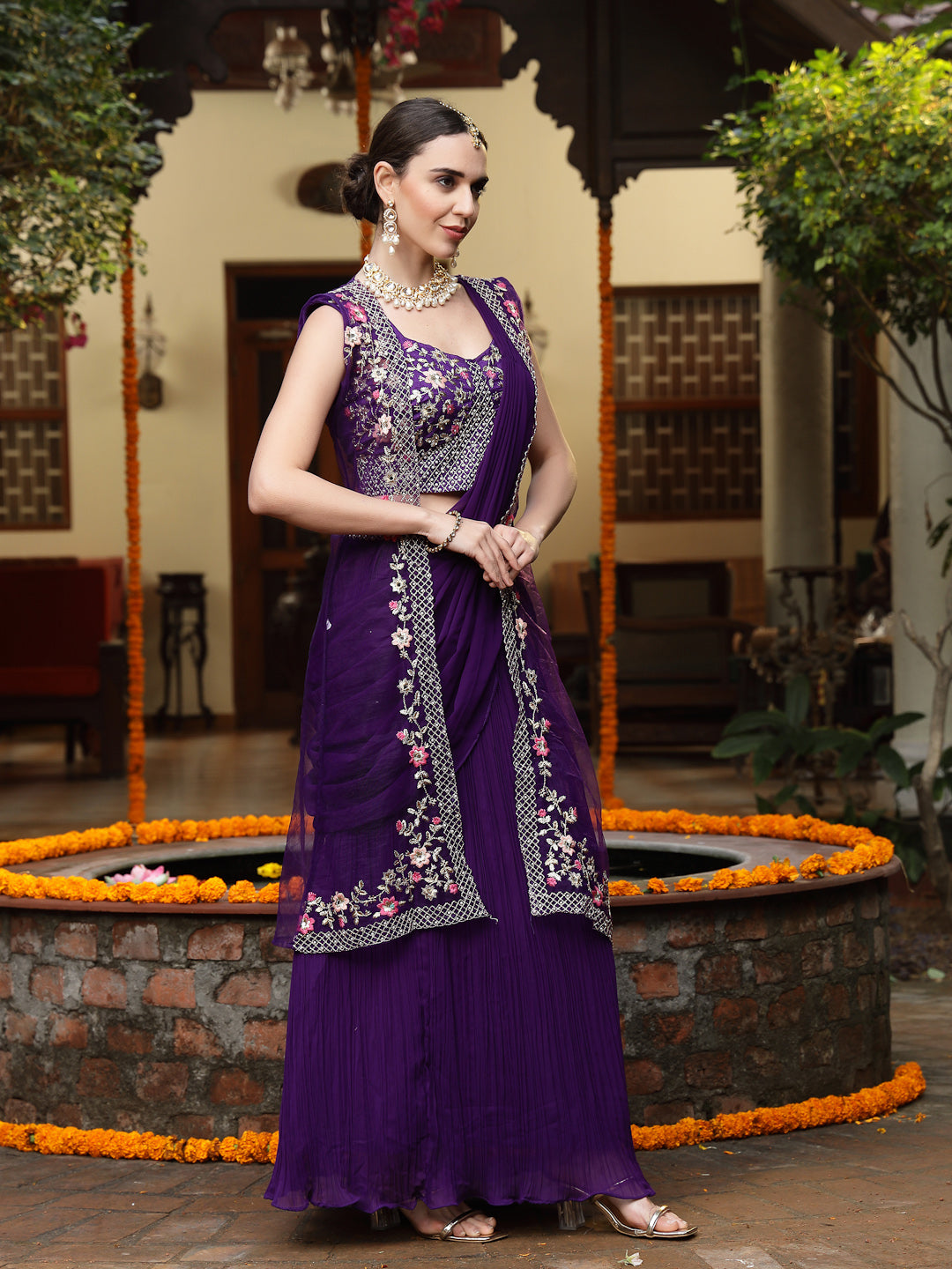 Stylum Women's Purple Printed & Embroidered Georgette Draped Lehenga Saree & Blouse with Shrug (LEHPURPLECOCO)