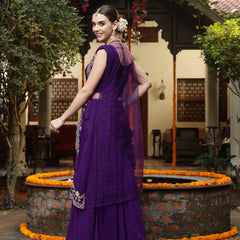 Stylum Women's Purple Printed & Embroidered Georgette Draped Lehenga Saree & Blouse with Shrug (LEHPURPLECOCO)