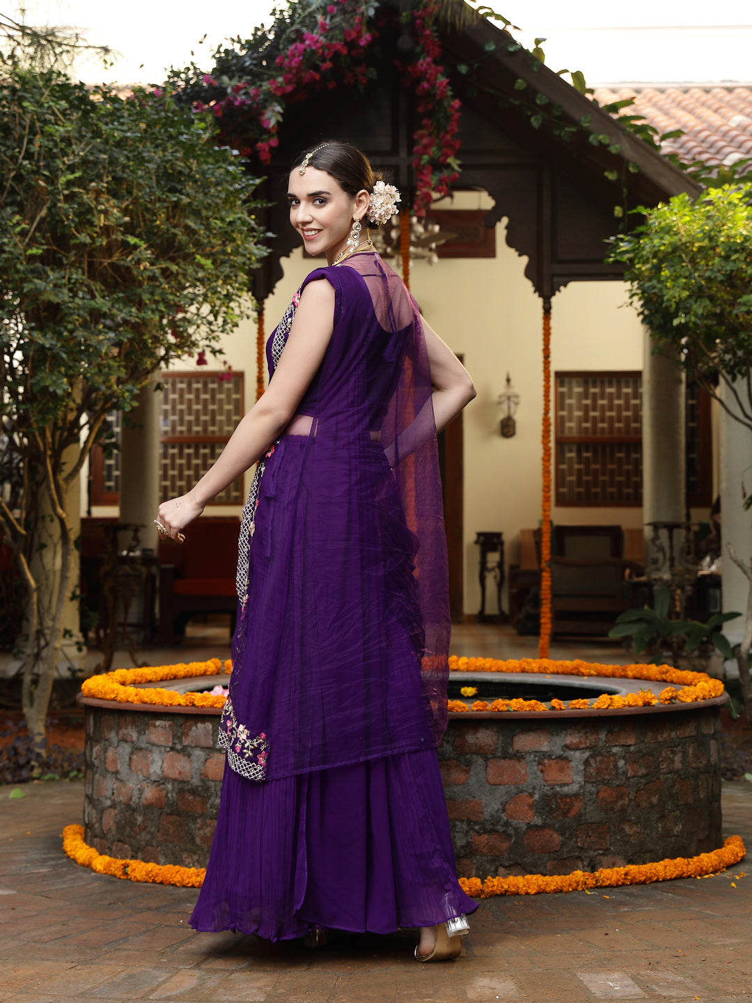 Stylum Women's Purple Printed & Embroidered Georgette Draped Lehenga Saree & Blouse with Shrug (LEHPURPLECOCO)