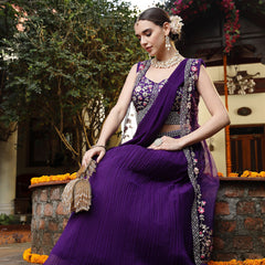 Stylum Women's Purple Printed & Embroidered Georgette Draped Lehenga Saree & Blouse with Shrug (LEHPURPLECOCO)