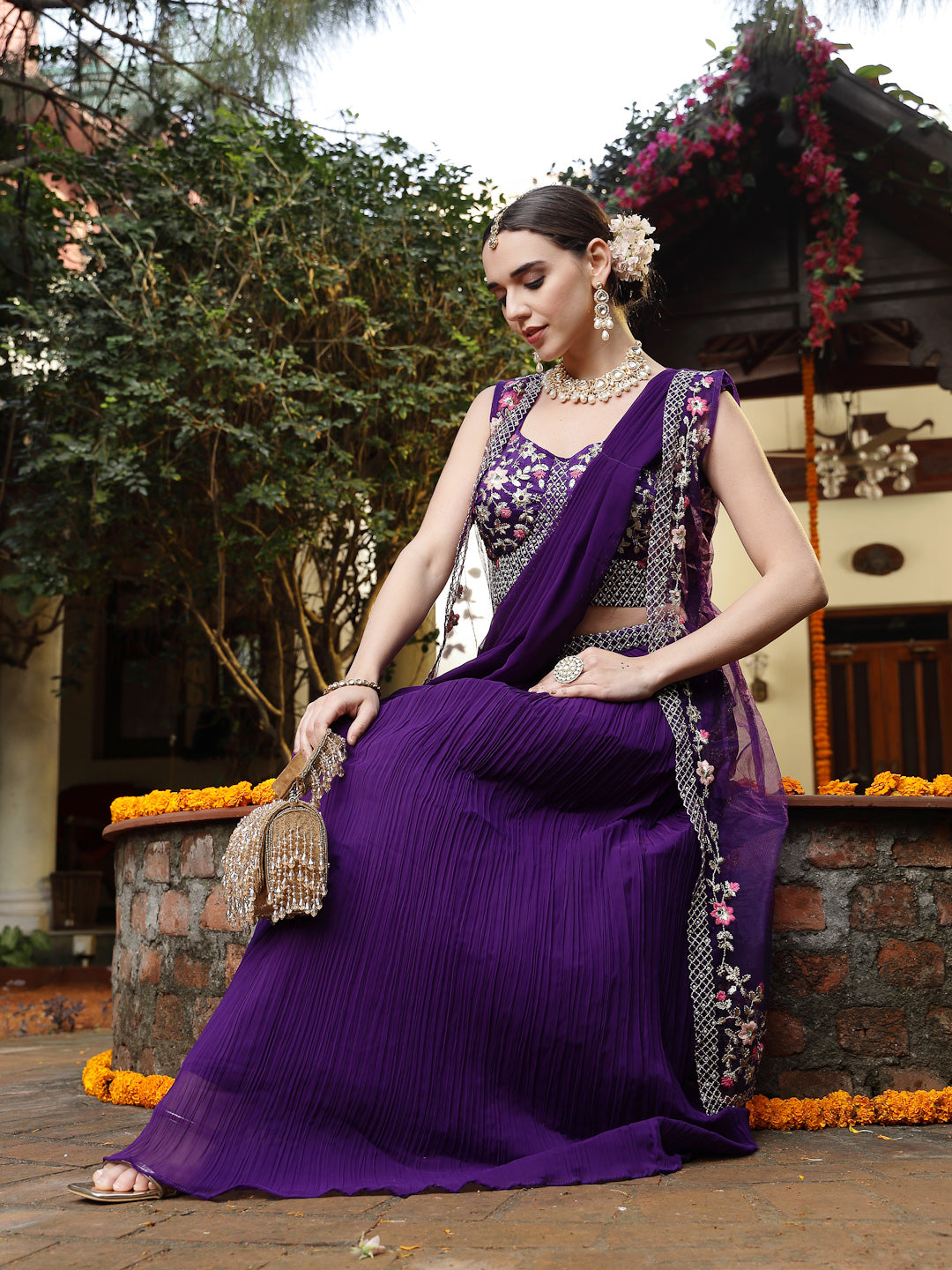 Stylum Women's Purple Printed & Embroidered Georgette Draped Lehenga Saree & Blouse with Shrug (LEHPURPLECOCO)