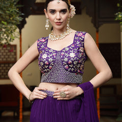 Stylum Women's Purple Printed & Embroidered Georgette Draped Lehenga Saree & Blouse with Shrug (LEHPURPLECOCO)