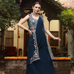 Stylum Women's Teal Printed & Embroidered Georgette Draped Lehenga Saree & Blouse with Shrug (LEHTEALCOCO)