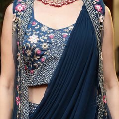 Stylum Women's Teal Printed & Embroidered Georgette Draped Lehenga Saree & Blouse with Shrug (LEHTEALCOCO)