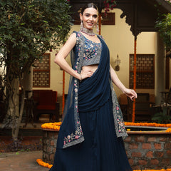 Stylum Women's Teal Printed & Embroidered Georgette Draped Lehenga Saree & Blouse with Shrug (LEHTEALCOCO)