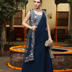 Stylum Women's Teal Printed & Embroidered Georgette Draped Lehenga Saree & Blouse with Shrug (LEHTEALCOCO)