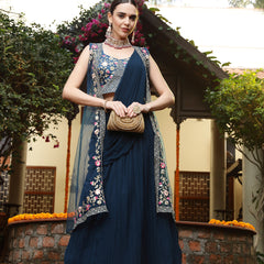 Stylum Women's Teal Printed & Embroidered Georgette Draped Lehenga Saree & Blouse with Shrug (LEHTEALCOCO)