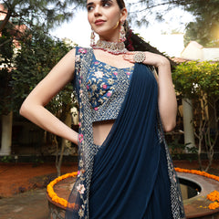 Stylum Women's Teal Printed & Embroidered Georgette Draped Lehenga Saree & Blouse with Shrug (LEHTEALCOCO)