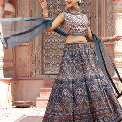 Stylum Women's Printed Silk Blend Lehenga Dupatta with Blouse (LEHTEALROCK)