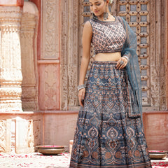Stylum Women's Printed Silk Blend Lehenga Dupatta with Blouse (LEHTEALROCK)