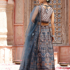 Stylum Women's Printed Silk Blend Lehenga Dupatta with Blouse (LEHTEALROCK)