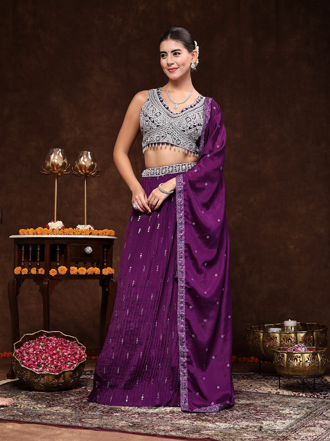 Stylum Women's Violet Embroidered Georgette Lehenga & Blouse with Dupatta (LEHVOILRADO)