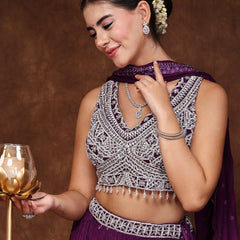 Stylum Women's Violet Embroidered Georgette Lehenga & Blouse with Dupatta (LEHVOILRADO)