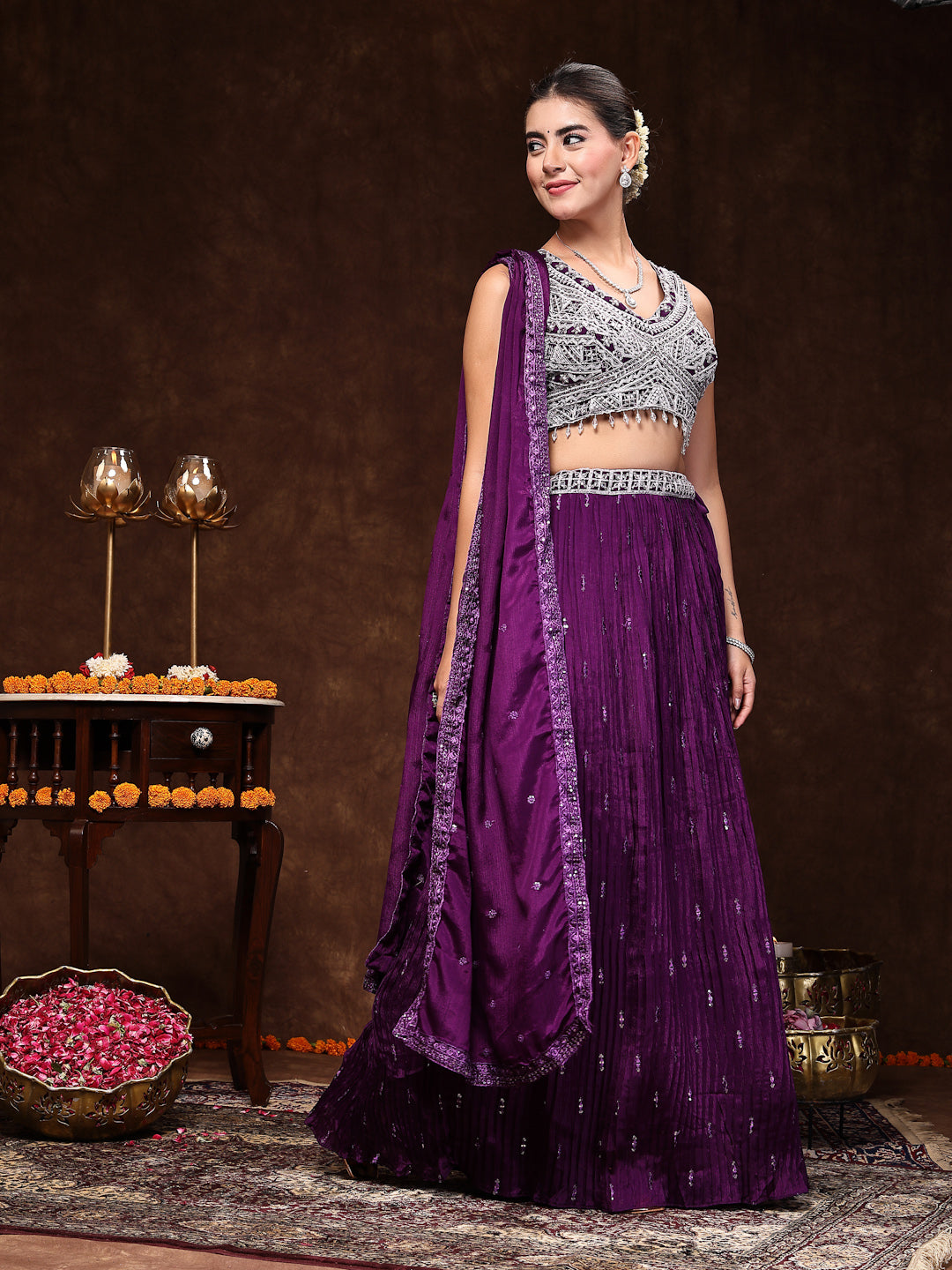 Stylum Women's Violet Embroidered Georgette Lehenga & Blouse with Dupatta (LEHVOILRADO)