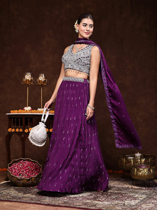 Stylum Women's Violet Embroidered Georgette Lehenga & Blouse with Dupatta (LEHVOILRADO)