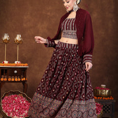 Stylum Women's Wine Ethnic Motif Printed Georgette Lehenga & Blouse (LEHWINEBLOSSOM)
