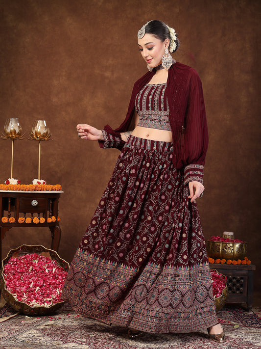 Stylum Women's Wine Ethnic Motif Printed Georgette Lehenga & Blouse (LEHWINEBLOSSOM)