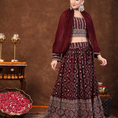 Stylum Women's Wine Ethnic Motif Printed Georgette Lehenga & Blouse (LEHWINEBLOSSOM)