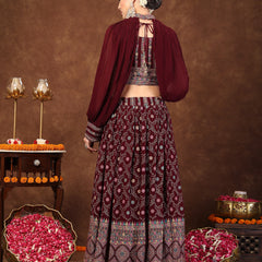 Stylum Women's Wine Ethnic Motif Printed Georgette Lehenga & Blouse (LEHWINEBLOSSOM)