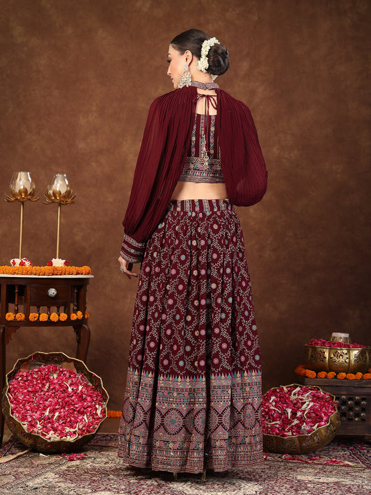 Stylum Women's Wine Ethnic Motif Printed Georgette Lehenga & Blouse (LEHWINEBLOSSOM)