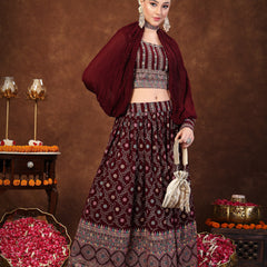 Stylum Women's Wine Ethnic Motif Printed Georgette Lehenga & Blouse (LEHWINEBLOSSOM)