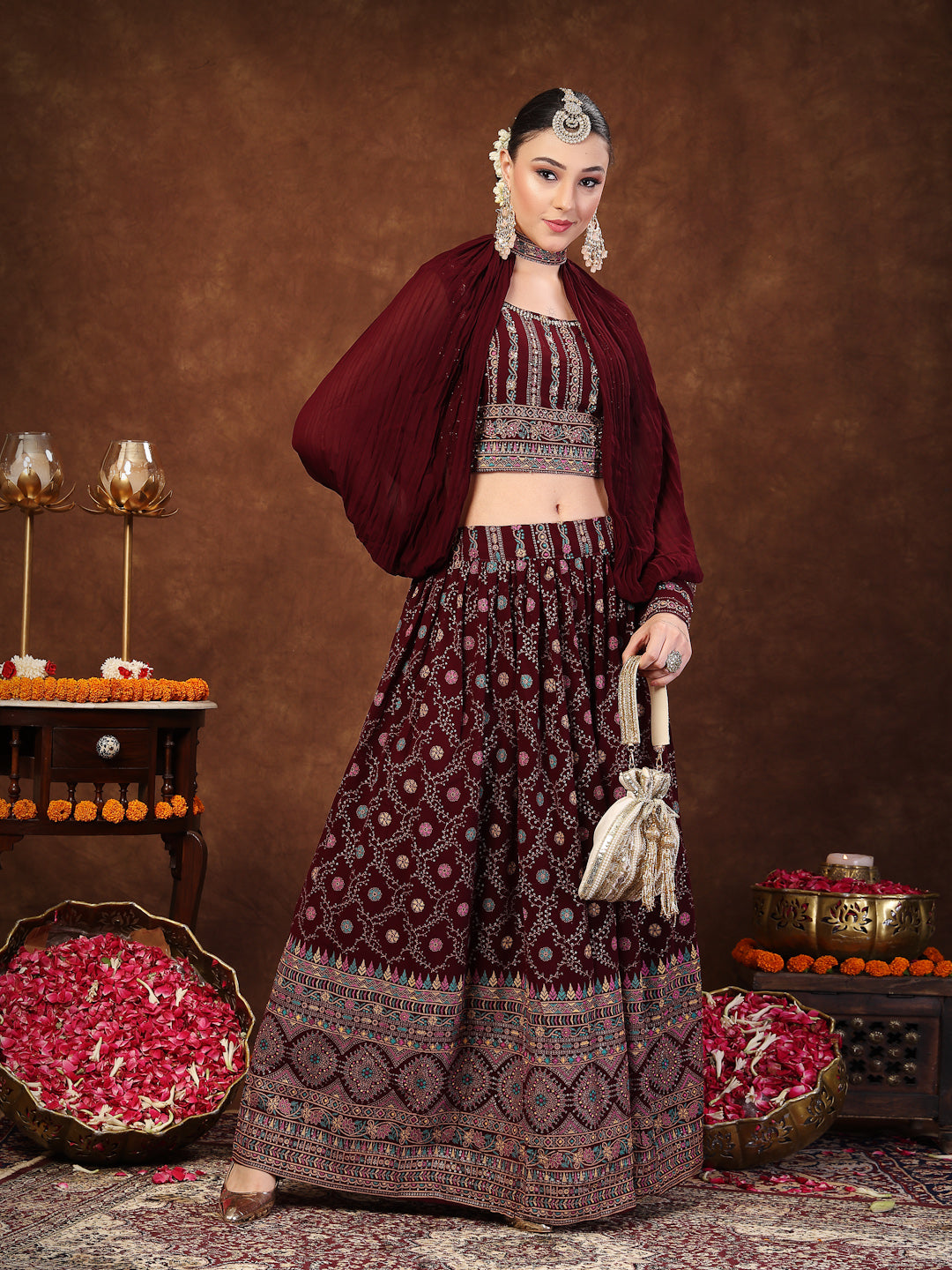 Stylum Women's Wine Ethnic Motif Printed Georgette Lehenga & Blouse (LEHWINEBLOSSOM)