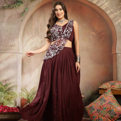 Stylum Women's Wine Solid & Embroidered Poly Georgette Lehenga Choli With Drape Dupatta (LEHWINENAVYA)