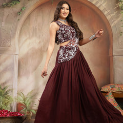 Stylum Women's Wine Solid & Embroidered Poly Georgette Lehenga Choli With Drape Dupatta (LEHWINENAVYA)