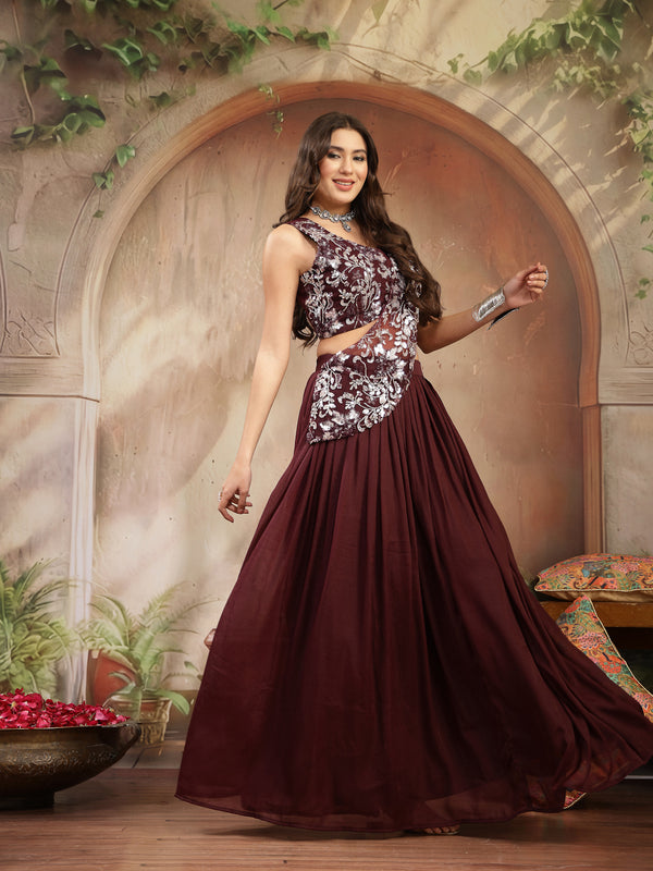 Stylum Women's Wine Solid & Embroidered Poly Georgette Lehenga Choli With Drape Dupatta (LEHWINENAVYA)