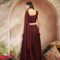 Stylum Women's Wine Solid & Embroidered Poly Georgette Lehenga Choli With Drape Dupatta (LEHWINENAVYA)