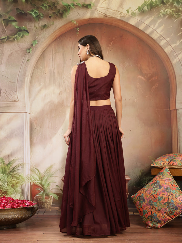 Stylum Women's Wine Solid & Embroidered Poly Georgette Lehenga Choli With Drape Dupatta (LEHWINENAVYA)