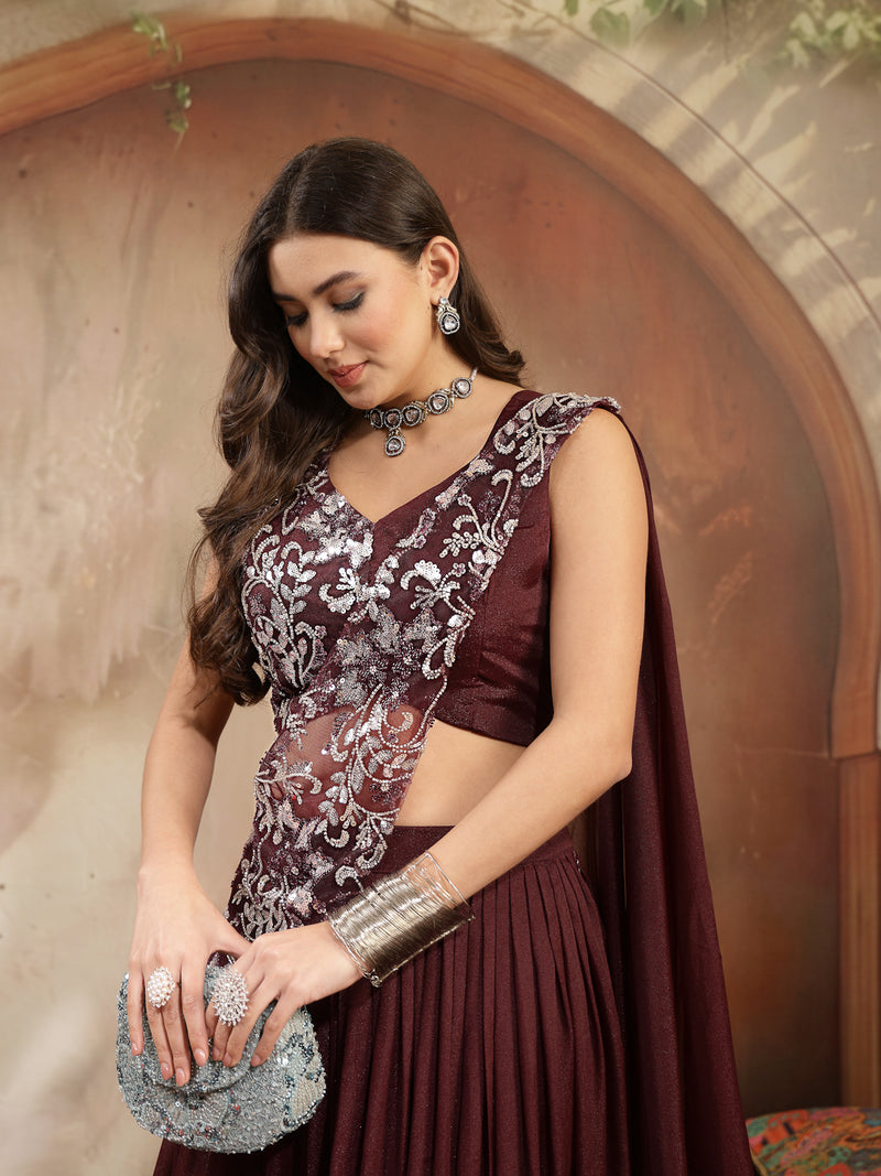 Stylum Women's Wine Solid & Embroidered Poly Georgette Lehenga Choli With Drape Dupatta (LEHWINENAVYA)