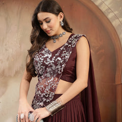 Stylum Women's Wine Solid & Embroidered Poly Georgette Lehenga Choli With Drape Dupatta (LEHWINENAVYA)
