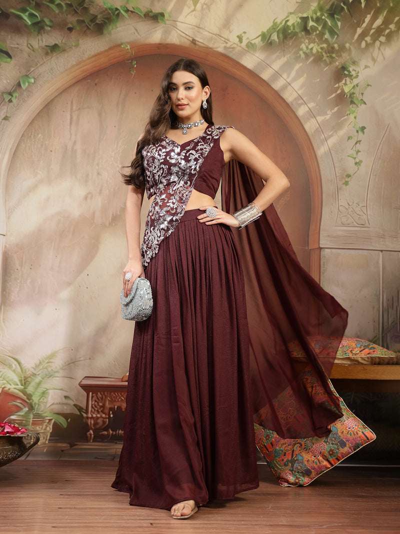 Stylum Women's Wine Solid & Embroidered Poly Georgette Lehenga Choli With Drape Dupatta (LEHWINENAVYA)
