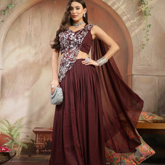 Stylum Women's Wine Solid & Embroidered Poly Georgette Lehenga Choli With Drape Dupatta (LEHWINENAVYA)