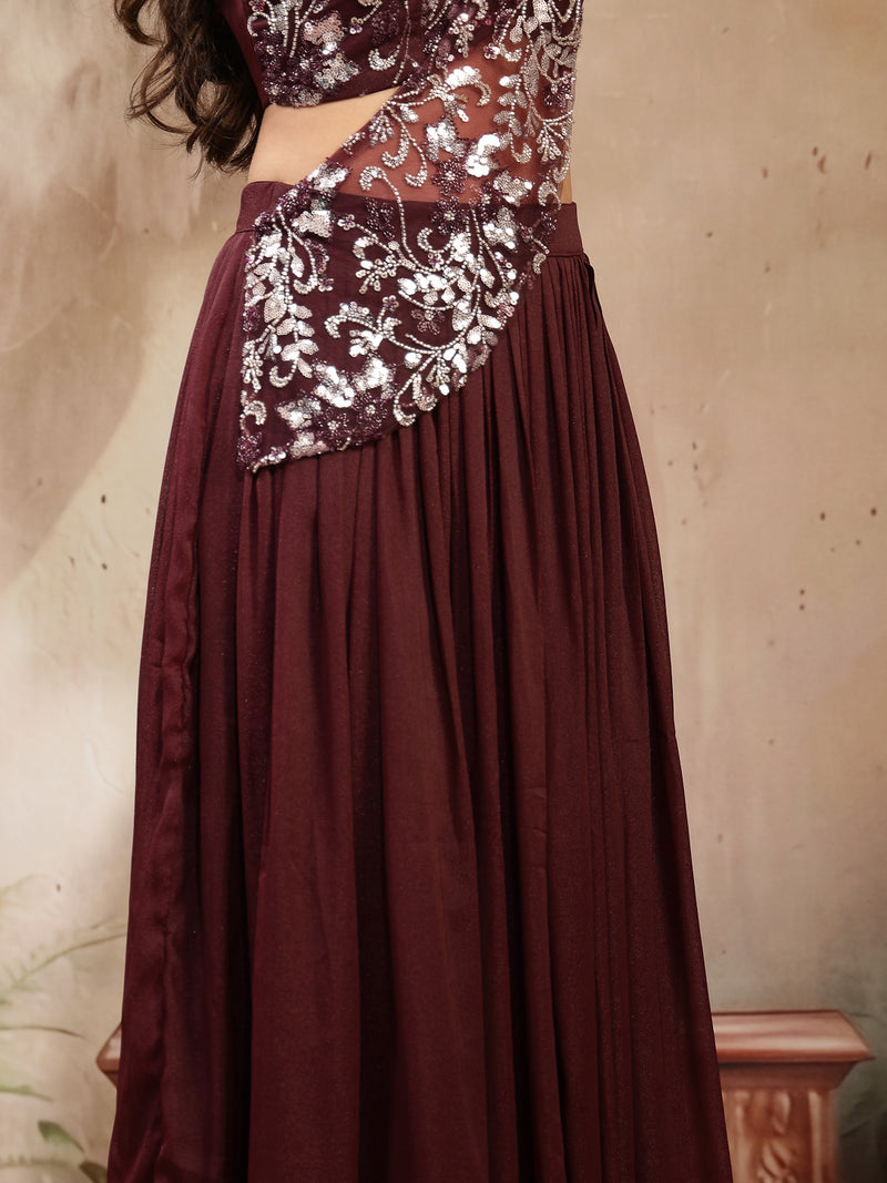 Stylum Women's Wine Solid & Embroidered Poly Georgette Lehenga Choli With Drape Dupatta (LEHWINENAVYA)