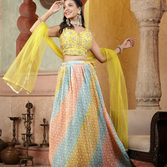 Stylum Women's Printed & Embroidered Silk Blend Lehenga Dupatta with Blouse (LEHYELLOWRAINBOW)