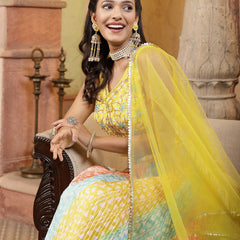 Stylum Women's Printed & Embroidered Silk Blend Lehenga Dupatta with Blouse (LEHYELLOWRAINBOW)