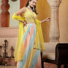 Stylum Women's Printed & Embroidered Silk Blend Lehenga Dupatta with Blouse (LEHYELLOWRAINBOW)