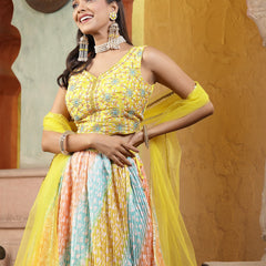 Stylum Women's Printed & Embroidered Silk Blend Lehenga Dupatta with Blouse (LEHYELLOWRAINBOW)