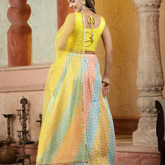 Stylum Women's Printed & Embroidered Silk Blend Lehenga Dupatta with Blouse (LEHYELLOWRAINBOW)